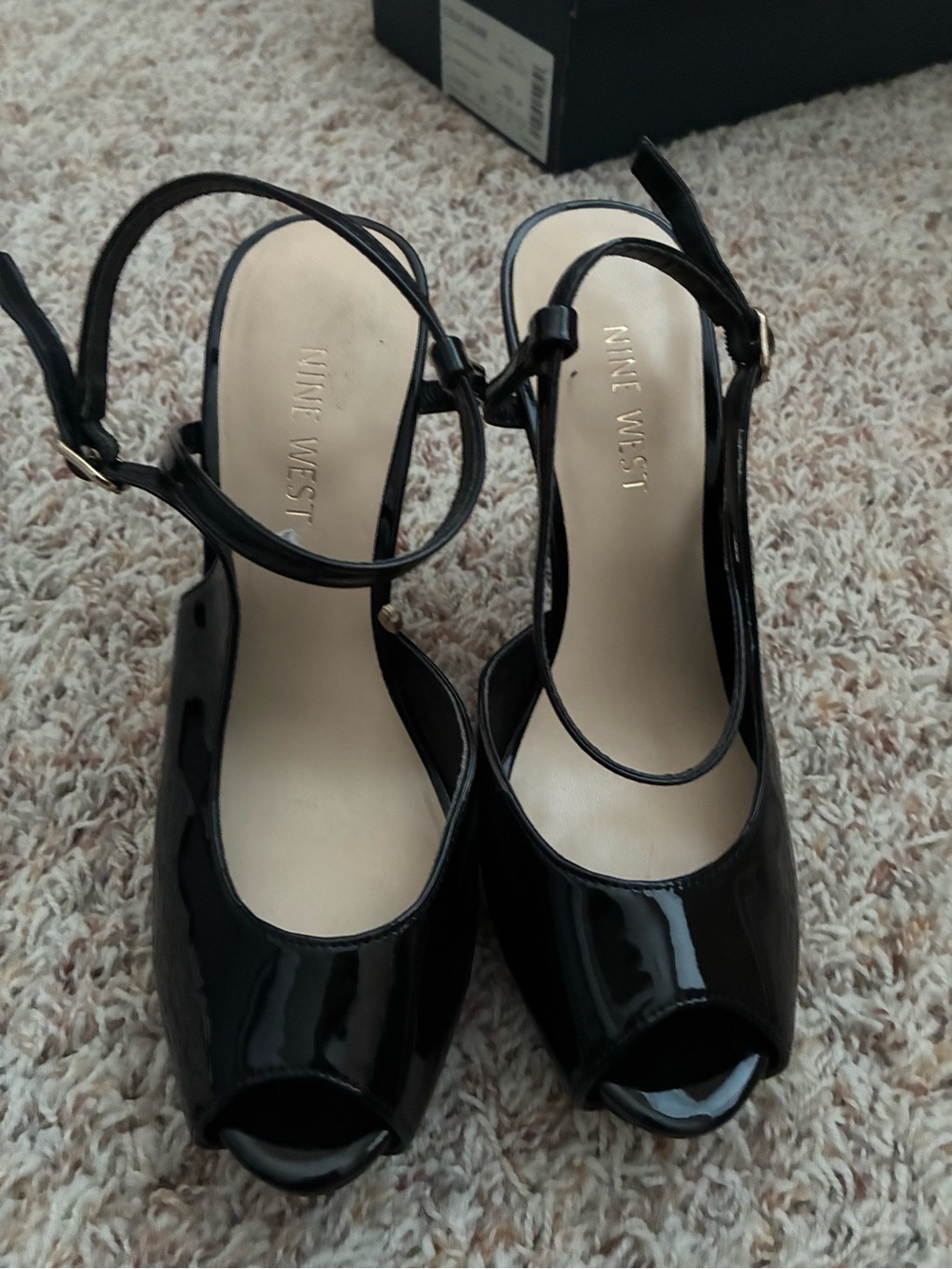 Nine West Black Patent Peep-Toe Ankle-Strap Heels